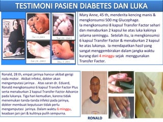Mary Anne, 45 th, menderita kencing manis &
mengkonsumsi 500 mg Glucophage.
Ia mengkonsumsi 8 kapsul Transfer Factor sehari
dan menaburkan 2 kapsul ke atas luka kakinya
selama seminggu. Setelah itu, ia mengkonsumsi
6 kapsul Transfer Factor & menaburkan 2 kapsul
ke atas lukanya. Ia mendapatkan hasil yang
sangat menggembirakan dalam jangka waktu
kurang dari 4 minggu sejak menggunakan
Transfer Factor.
RONALD
Ronald, 28 th, empat jarinya hancur akibat gerigi
roda motor. Akibat infeksi, dokter akan
mengamputasi jarinya . Atas saran dr. Eduard,
Ronald mengkonsumsi 6 kapsul Transfer Factor Plus
serta menaburkan 2 kapsul Transfer Factor Advance
pada lukanya. Tiga hari kemudian, karena tidak
menemukan tanda-tanda infeksi pada jarinya,
dokter membuat keputusan tidak perlu
mengamputasi jarinya. Dalam waktu 6 minggu,
keadaan jari-jari & kulitnya pulih sempurna.
 