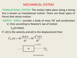 MECHANICAL SYSTEM
TRANSLATIONAL SYSTEM: The motion takes place along a strong
line is known as translational motion. There are three types of
forces that resists motion.
INERTIA FORCE: consider a body of mass ‘M’ and acceleration
‘a’, then according to Newton’s law of motion
FM(t)=Ma(t)
If v(t) is the velocity and x(t) is the displacement then
dt
tdv
MtFM
)(
)(  2
2
)(
dt
txd
M
SYED HASAN SAEED
M
)(tx
)(tF
 