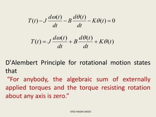 SYED HASAN SAEED
0)(
)()(
)(  tK
dt
td
B
dt
td
JtT 

)(
)()(
)( tK
dt
td
B
dt
td
JtT 


D'Alembert Principle for rotational motion states
that
“For anybody, the algebraic sum of externally
applied torques and the torque resisting rotation
about any axis is zero.”
 