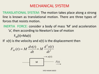 MECHANICAL SYSTEM
TRANSLATIONAL SYSTEM: The motion takes place along a strong
line is known as translational motion. There are three types of
forces that resists motion.
INERTIA FORCE: consider a body of mass ‘M’ and acceleration
‘a’, then according to Newton’s law of motion
FM(t)=Ma(t)
If v(t) is the velocity and x(t) is the displacement then
dt
tdv
MtFM
)(
)(  2
2
)(
dt
txd
M
SYED HASAN SAEED
M
)(tx
)(tF
 