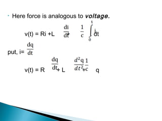 • Here force is analogous to voltage.
v(t) = Ri +L + . dt
put, i=
v(t) = R + L + q
 