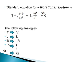  Standard equation for a Rotational system is
T = J + B . + K
The following analogies
• T V
 J L
 B R
 K
 Q
 