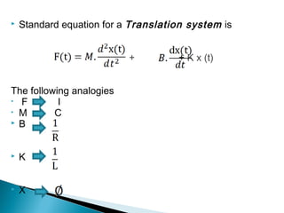  Standard equation for a Translation system is
+ + K x (t)
The following analogies
• F I
• M C
 B
 K
 X
 