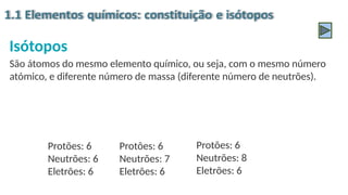 Isótopos
São átomos do mesmo elemento químico, ou seja, com o mesmo número
atómico, e diferente número de massa (diferente número de neutrões).
Protões: 6
Neutrões: 6
Eletrões: 6
Protões: 6
Neutrões: 7
Eletrões: 6
Protões: 6
Neutrões: 8
Eletrões: 6
 