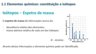 Isótopos – Espetro de massa
O espetro de massa dá informações acerca da:
- abundância relativa dos elementos;
- massa atómica relativa de cada um dos isótopos;
Zr - zircónio
Através destas informações o elemento químico pode ser identificado.
 