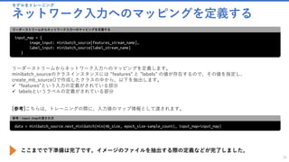モデルをトレーニング
ネットワーク入力へのマッピングを定義する
34
input_map = {
image_input: minibatch_source[features_stream_name],
label_input: minibatch_source[label_stream_name]
}
リーダーストリームからネットワーク入力へのマッピングを定義する
リーダーストリームからネットワーク入力へのマッピングを定義します。
minibatch_sourceのクラスインスタンスには "features" と "labels" の値が存在するので、その値を指定し、
create_mb_source()で作成したクラスの中から、以下を抽出します。
✓ “features”という入力の定義がされている部分
✓ labelsというラベルの定義がされている部分
[参考]こちらは、トレーニングの際に、入力値のマップ情報として渡されます。
data = minibatch_source.next_minibatch(min(mb_size, epoch_size-sample_count), input_map=input_map)
参考：input_mapの渡され方
ここまでで下準備は完了です。イメージのファイルを抽出する際の定義などが完了しました。
 