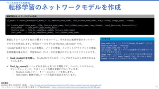 ベースのモデルを作成
転移学習のネットワークモデルを作成
36
tl_model = create_model(base_model_file, feature_node_name, last_hidden_node_name, num_classes, image_input, freeze)
def create_model(base_model_file, feature_node_name, last_hidden_node_name, num_classes, input_features, freeze=False):
base_model = load_model(base_model_file)
feature_node = find_by_name(base_model, feature_node_name)
last_node = find_by_name(base_model, last_hidden_node_name)
転移学習のネットワークモデルを作成
base_model_file : ベースモデル“ResNet_18.model” へのパス
feature_node_name : "features"
last_hidden_node_name : "z.x"
num_classes : 102 (サンプルでは102種類の花の画像のデータ
セットが含まれるため)
image_input : こちらは、イメージのサイズなどが書かれた定
義が入っています。Input('Input3', [#], [3 x 224 x 224])
Freeze : False (サンプルのデフォルト値)
各引数の値
事前にトレーニングされた分類ネットをロードし、それを元に転移学習のネットワー
クモデルを作成します。今回のベースモデルは”ResNet_18.model” です。
”.model”拡張子のファイルの実態は、ノードの情報、インプット/アウトプットの情報、
各特徴量の重みなど、学習済みのパラメータが定義されているバイナリファイルです。
✓ load_model()を利用し、ResNetのモデルをロードしプログラムから利用できるよ
うにします。
✓ find_by_name() はノードを名前から見つける関数です。ロードしたモデルから、
フィーチャーノード、ラストノードの値を変数に代入しています。
- feature_node : フィーチャーは入力ノードを表します。
- last_node : 最後の隠しノードの名前が設定されています。
参考資料
ResNetに関する参考PDF（英語）：http://image-net.org/challenges/talks/ilsvrc2015_deep_residual_learning_kaiminghe.pdf
フィーチャーノードの考え方に関する参考ページ(BrainScript)：https://msdn.microsoft.com/ja-jp/magazine/mt791798.aspx
 