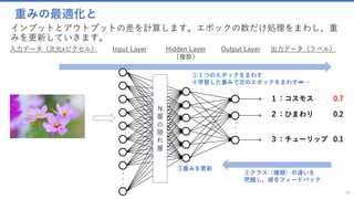 重みの最適化と
インプットとアウトプットの差を計算します。エポックの数だけ処理をまわし、重
みを更新していきます。
42
入力データ（次元xピクセル） Input Layer Hidden Layer
（複数）
Output Layer
３：チューリップ
１：コスモス
２：ひまわり
N
層
の
隠
れ
層
出力データ（ラベル）
0.1
0.7
0.2
②クラス（種類）の違いを
把握し、値をフィードバック
③重みを更新
①１つのエポックをまわす
④学習した重みで次のエポックをまわす➡…
 