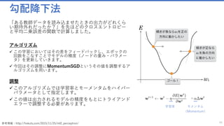 勾配降下法
「ある教師データを読み込ませたときの出力がどれくら
い期待外れだったか？」を先ほどのクロスエントロピー
と平均二乗誤差の関数で計算しました。
アルゴリズム
✓ この学習においてはその差をフィードバックし、エポックの
回数をこなすことでモデルの精度（ノードの重み・パラメー
タ）を更新していきます。
✓ 今回はその調整にMomentumSGDというその値を調整するア
ルゴリズムを用います。
調整
✓このアルゴリズムでは学習率とモーメンタムをハイパー
パラメータとして指定します。
✓この値は出力されるモデルの精度をもとにトライアンド
エラーで調整する必要があります。
46参考情報：http://hokuts.com/2015/11/25/ml2_perceptron/
学習率 モメンタム
（Momentum）
 