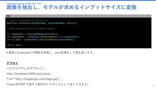 TransferLearning.model をデプロイ
画像を抽出し、モデルが求めるインプットサイズに変換
69
// Start evaluation on the device
modelFunc.Evaluate(inputDataMap, outputDataMap, device);
// Get evaluate result as dense output
var outputVal = outputDataMap[outputVar];
var outputData = outputVal.GetDenseData<float>(outputVar);
string json = JsonConvert.SerializeObject(outputData);
return json;
評価
✓最後にEvaluate()で関数を評価し、json変換をして値を返します。
デプロイ
このプログラムをデプロイし、
http://localhost:3469/api/values
{“url”:”http://hogehoge.com/hoge.jpg”}
のjsonをPOSTで渡すと配列がレスポンスとして返ってきます。
 