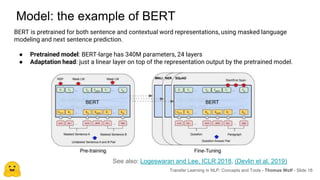 BERT is pretrained for both sentence and contextual word representations, using masked language
modeling and next sentence prediction.
● Pretrained model: BERT-large has 340M parameters, 24 layers
● Adaptation head: just a linear layer on top of the representation output by the pretrained model.
Model: the example of BERT
Transfer Learning in NLP: Concepts and Tools - Thomas Wolf - Slide 18
See also: Logeswaran and Lee, ICLR 2018, (Devlin et al. 2019)
 