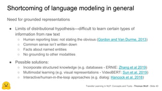 Shortcoming of language modeling in general
Need for grounded representations
● Limits of distributional hypothesis—difficult to learn certain types of
information from raw text
○ Human reporting bias: not stating the obvious (Gordon and Van Durme, 2013)
○ Common sense isn’t written down
○ Facts about named entities
○ No grounding to other modalities
● Possible solutions:
○ Incorporate structured knowledge (e.g. databases - ERNIE: Zhang et al 2019)
○ Multimodal learning (e.g. visual representations - VideoBERT: Sun et al. 2019)
○ Interactive/human-in-the-loop approaches (e.g. dialog: Hancock et al. 2018)
Transfer Learning in NLP: Concepts and Tools - Thomas Wolf - Slide 40
 