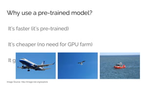 Why use a pre-trained model?
It’s faster (it’s pre-trained)
It’s cheaper (no need for GPU farm)
It generalizes (avoid overfitting)
Image Source: http://image-net.org/explore
 