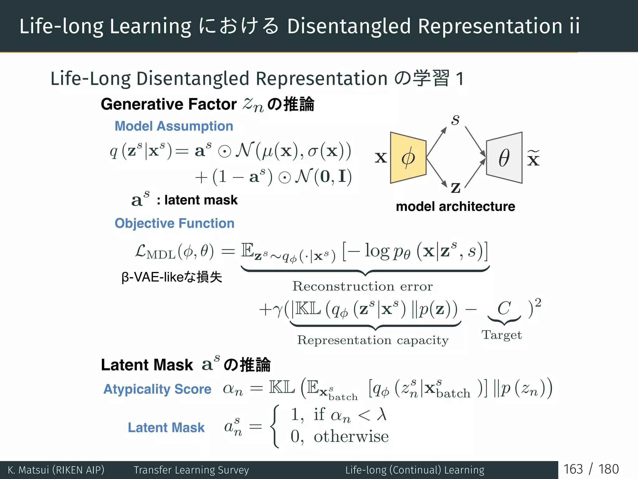 Life-long Learning における Disentangled Representation ii
Life-Long Disentangled Representation の学習 1
A CB
Figure 1: A: Schematic representation of the life-long learning data distr
corresponds to a cluster s. Data samples x constituting each cluster can be de
(data generative factors zn). Different clusters may share some data generative
C: ConContinSchematic of the “dreaming” feedback loop. We use a snapshot
( old, ✓old) to generate an imaginary batch of data xold for a previously experi
the current environment, we ensure that the representation is still consistent o
can reconstruct it (see red dashed lines).
Recent state of the art approaches to unsupervised disentangled repre
Generative Factor zn
model architecture
q (zs
|xs
)= as
N(µ(x), (x))
+ (1 as
) N(0, I)
as : latent mask
Model Assumption
Objective Function
LMDL( , ) = Ezs q (·|xs) [ log p (x|zs
, s)]
Reconstruction error
+ (|KL (q (zs
|xs
) p(z))
Representation capacity
C
Target
)2
Latent Mask as
n = KL Exs
batch
[q (zs
n|xs
batch )] p (zn)Atypicality Score
Latent Mask as
n =
1, if n 
0, otherwise
β-VAE-like
K. Matsui (RIKEN AIP) Transfer Learning Survey Life-long (Continual) Learning 163 / 180
 