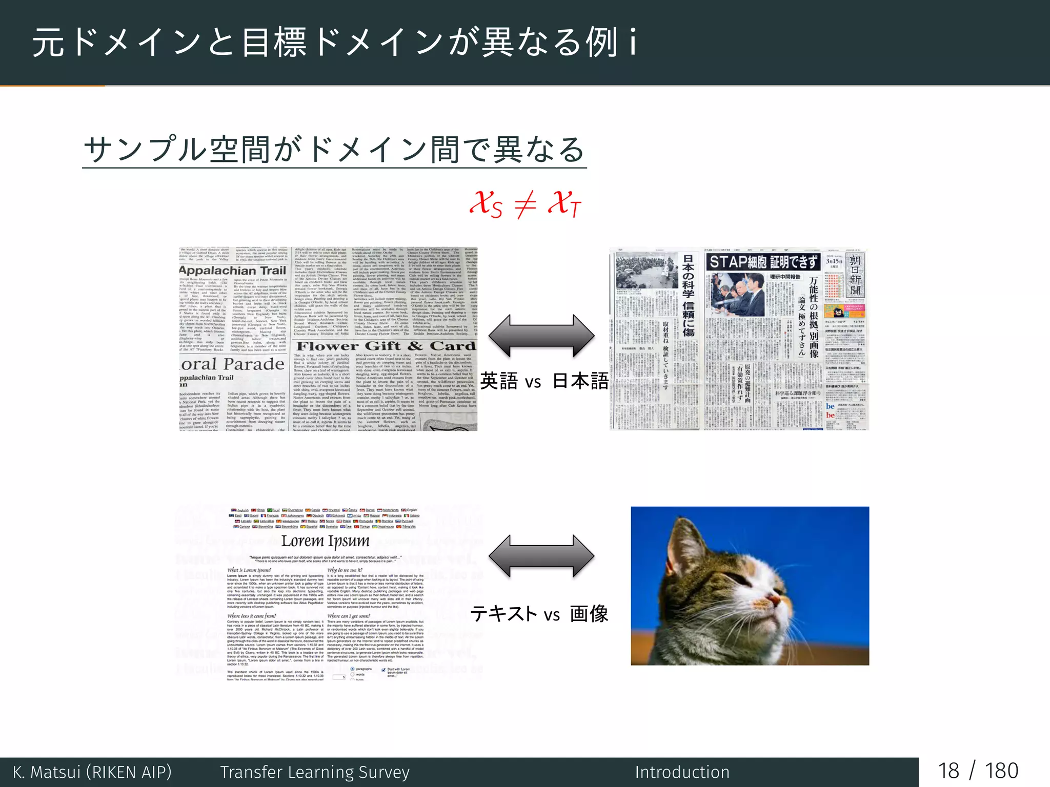 元ドメインと目標ドメインが異なる例 i
サンプル空間がドメイン間で異なる
XS ̸= XT
K. Matsui (RIKEN AIP) Transfer Learning Survey Introduction 18 / 180
 