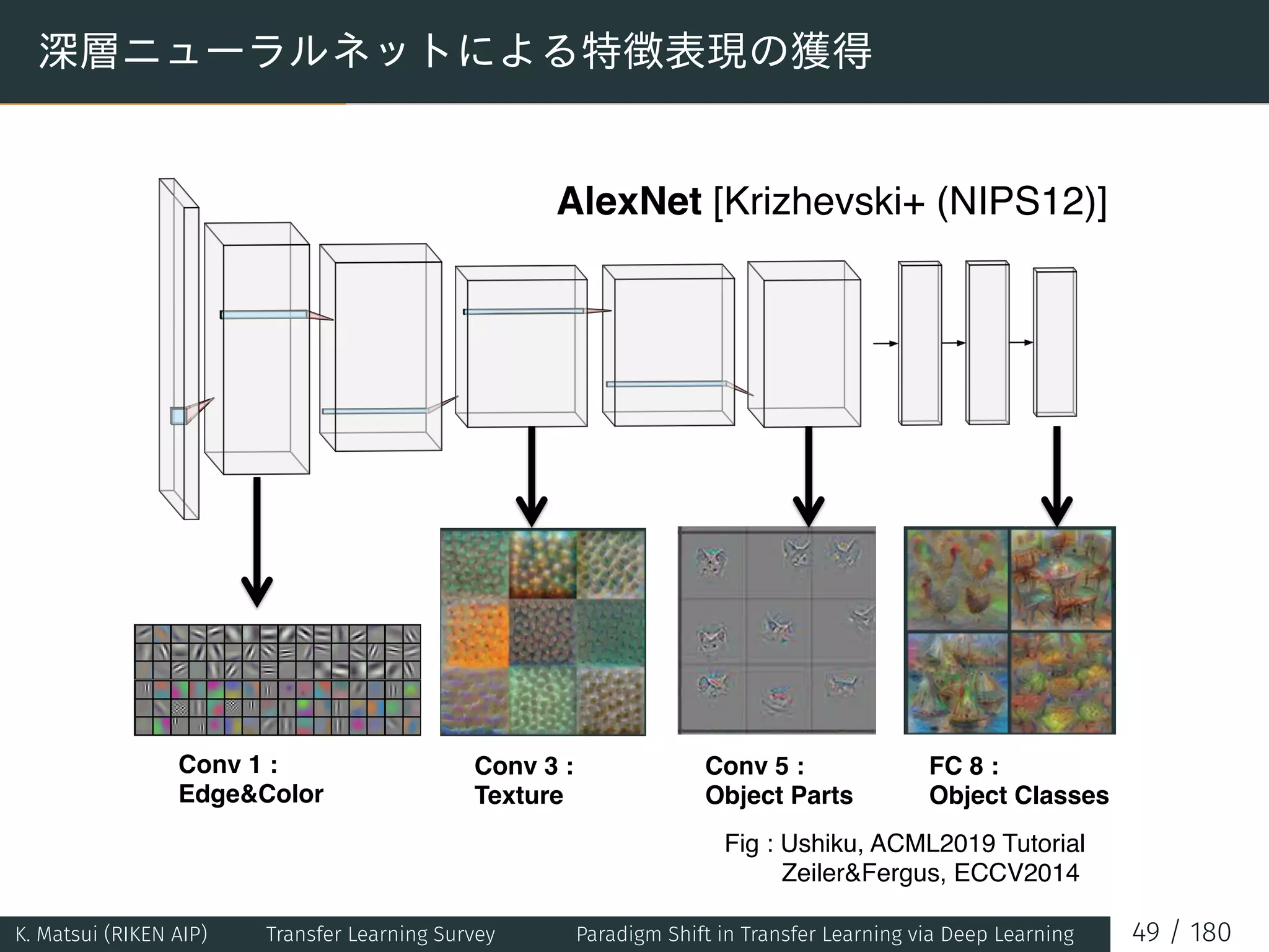 深層ニューラルネットによる特徴表現の獲得– 1 week for
training
• 5 conv. layers + 3 fully connected layers
Layer 5
– 2 GPUs
– 1 week for
training
conv. layers + 3 fully connected layers
13
Conv 1 :
EdgeColor	
Conv 3 :
Texture	
Conv 5 :
Object Parts	
FC 8 :
Object Classes	
AlexNet [Krizhevski+ (NIPS12)]	
Fig : Ushiku, ACML2019 Tutorial
ZeilerFergus, ECCV2014	
K. Matsui (RIKEN AIP) Transfer Learning Survey Paradigm Shift in Transfer Learning via Deep Learning 49 / 180
 