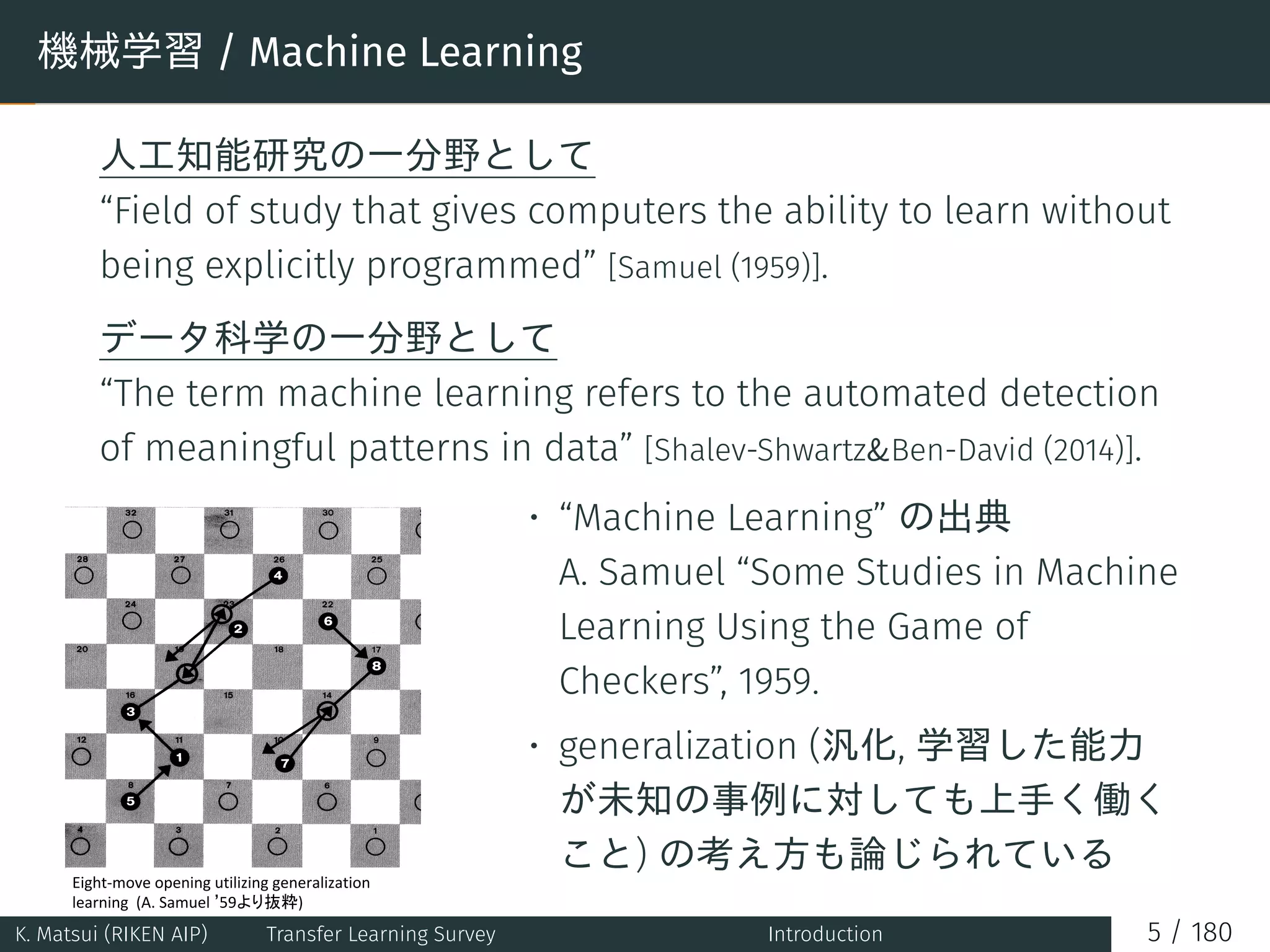 機械学習 / Machine Learning
人工知能研究の一分野として
“Field of study that gives computers the ability to learn without
being explicitly programmed” [Samuel (1959)].
データ科学の一分野として
“The term machine learning refers to the automated detection
of meaningful patterns in data” [Shalev-Shwartz&Ben-David (2014)].
’
• “Machine Learning” の出典
A. Samuel “Some Studies in Machine
Learning Using the Game of
Checkers”, 1959.
• generalization (汎化, 学習した能力
が未知の事例に対しても上手く働く
こと) の考え方も論じられている
　　　
K. Matsui (RIKEN AIP) Transfer Learning Survey Introduction 5 / 180
 
