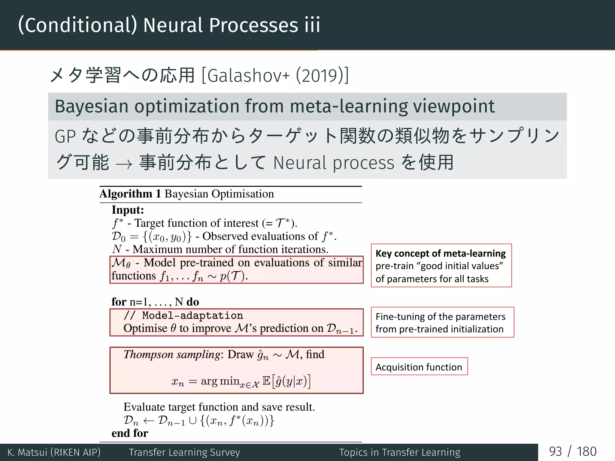 (Conditional) Neural Processes iii
メタ学習への応用 [Galashov+ (2019)]
Bayesian optimization from meta-learning viewpoint
GP などの事前分布からターゲット関数の類似物をサンプリン
グ可能 → 事前分布として Neural process を使用
Algorithm 1 Bayesian Optimisation
Input:
f∗
- Target function of interest (= T ∗
).
D0 = {(x0, y0)} - Observed evaluations of f∗
.
N - Maximum number of function iterations.
Mθ - Model pre-trained on evaluations of similar
functions f1, . . . fn ∼ p(T ).
for n=1, ... , N do
// Model-adaptation
Optimise θ to improve M’s prediction on Dn−1.
Thompson sampling: Draw ˆgn ∼ M, ﬁnd
xn = arg minx∈X E ˆg(y|x)
Evaluate target function and save result.
Dn ← Dn−1 ∪ {(xn, f∗
(xn))}
end for
K. Matsui (RIKEN AIP) Transfer Learning Survey Topics in Transfer Learning 93 / 180
 