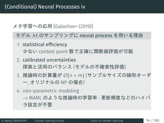 (Conditional) Neural Processes iv
メタ学習への応用 [Galashov+ (2019)]
モデル M のサンプリングに neural process を用いる理由
1. statistical efﬁcienc...