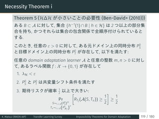 Necessity Theorem i
Theorem 5 (H∆H が小さいことの必要性 (Ben-David+ (2010)))
ある B ⊂ A に対して, 集合 {h−1
(1) ∩ B | h ∈ H} は 2 つ以上の部分集
合を持...