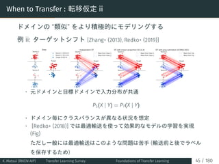 When to Transfer : 転移仮定 ii
ドメインの “類似” をより積極的にモデリングする
例 ii: ターゲットシフト [Zhang+ (2013), Redko+ (2019)]
• 元ドメインと目標ドメインで入力分布が共通
...