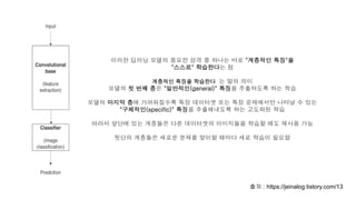 출처 : https://jeinalog.tistory.com/13
이러한 딥러닝 모델의 중요한 성격 중 하나는 바로 "계층적인 특징"을
"스스로" 학습한다는 점
계층적인 특징을 학습한다 는 말의 의미
모델의 첫 번째 층은 "일반적인(general)" 특징을 추출하도록 하는 학습
모델의 마지막 층에 가까워질수록 특정 데이터셋 또는 특정 문제에서만 나타날 수 있는
"구체적인(specific)" 특징을 추출해내도록 하는 고도화된 학습
따라서 앞단에 있는 계층들은 다른 데이터셋의 이미지들을 학습할 때도 재사용 가능
뒷단의 계층들은 새로운 문제를 맞이할 때마다 새로 학습이 필요함
 