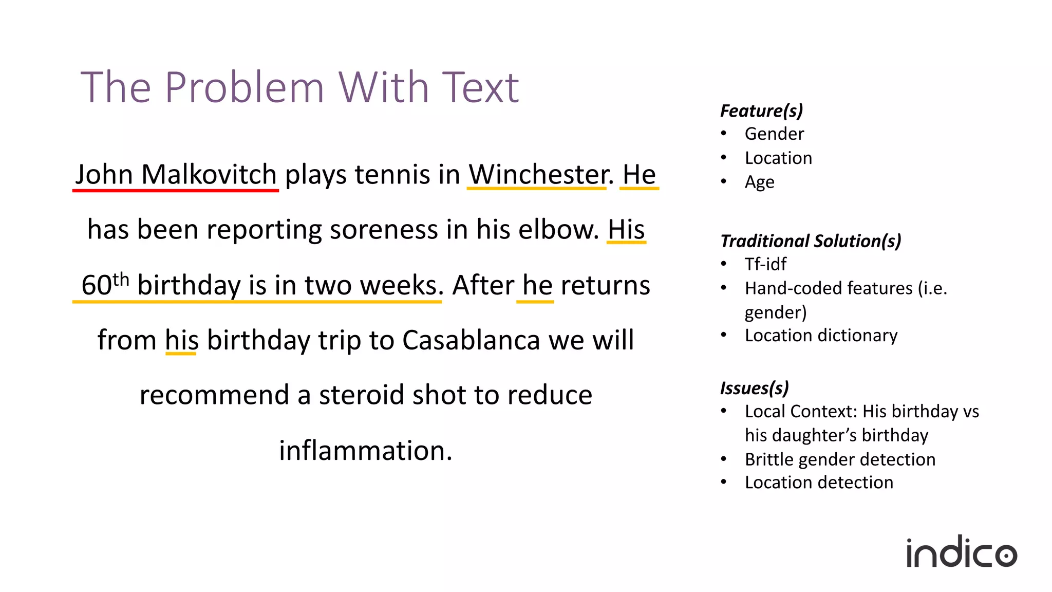 The Problem With Text
John Malkovitch plays tennis in Winchester. He
has been reporting soreness in his elbow. His
60th birthday is in two weeks. After he returns
from his birthday trip to Casablanca we will
recommend a steroid shot to reduce
inflammation.
Feature(s)
• Gender
• Location
• Age
Issues(s)
• Local Context: His birthday vs
his daughter’s birthday
• Brittle gender detection
• Location detection
Traditional Solution(s)
• Tf-idf
• Hand-coded features (i.e.
gender)
• Location dictionary
 
