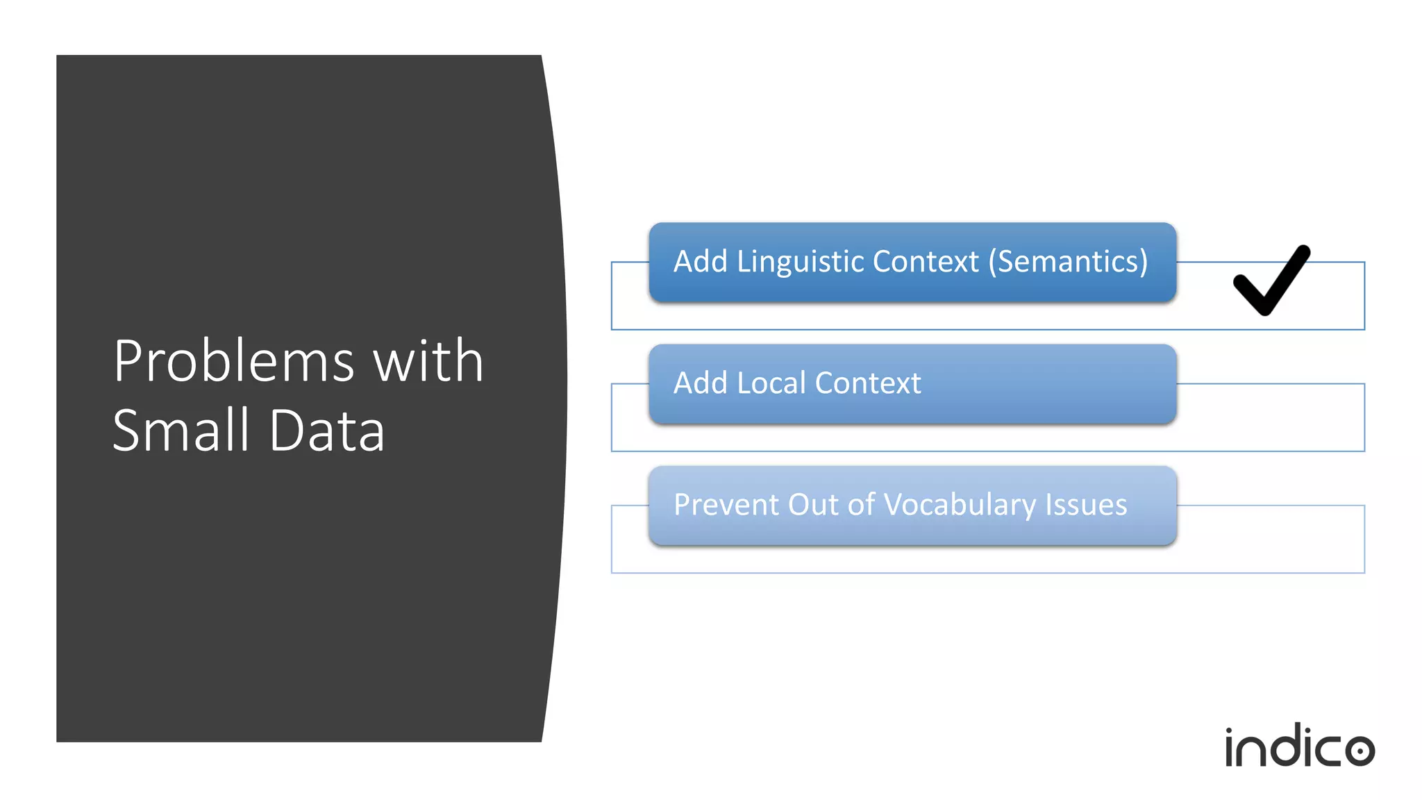 Problems with
Small Data
Add Linguistic Context (Semantics)
Add Local Context
Prevent Out of Vocabulary Issues
 