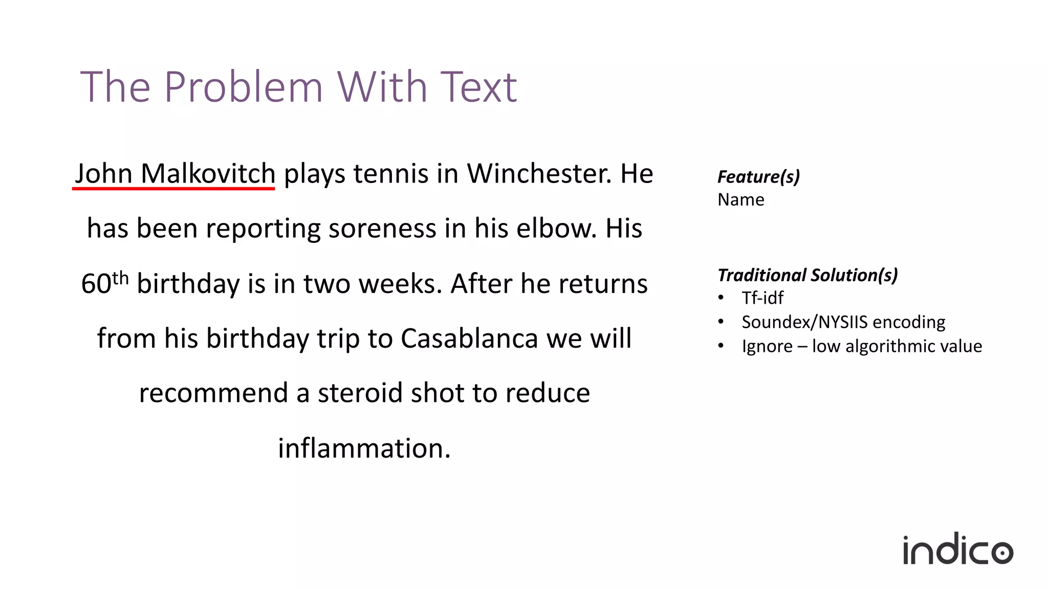 The Problem With Text
John Malkovitch plays tennis in Winchester. He
has been reporting soreness in his elbow. His
60th birthday is in two weeks. After he returns
from his birthday trip to Casablanca we will
recommend a steroid shot to reduce
inflammation.
Feature(s)
Name
Traditional Solution(s)
• Tf-idf
• Soundex/NYSIIS encoding
• Ignore – low algorithmic value
 