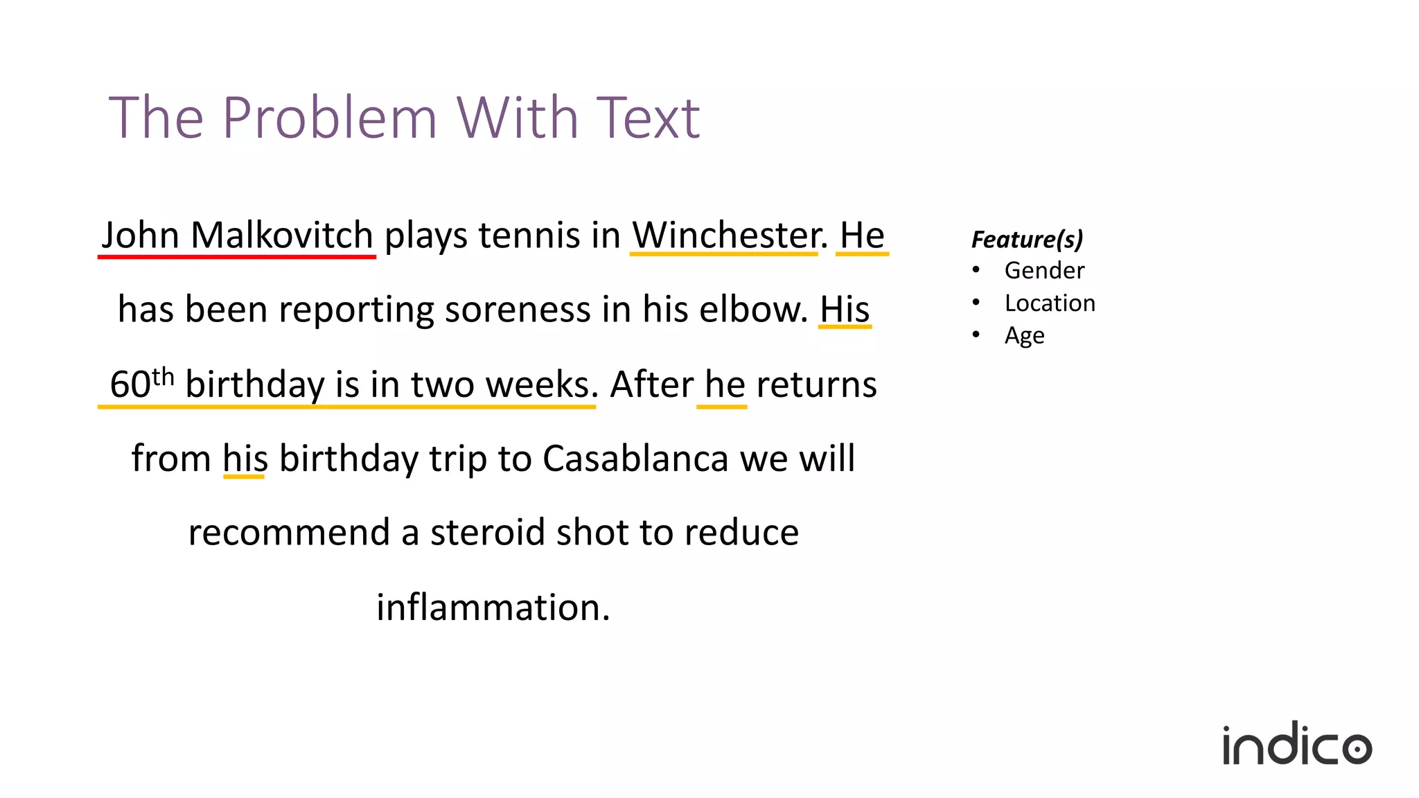 The Problem With Text
John Malkovitch plays tennis in Winchester. He
has been reporting soreness in his elbow. His
60th birthday is in two weeks. After he returns
from his birthday trip to Casablanca we will
recommend a steroid shot to reduce
inflammation.
Feature(s)
• Gender
• Location
• Age
 