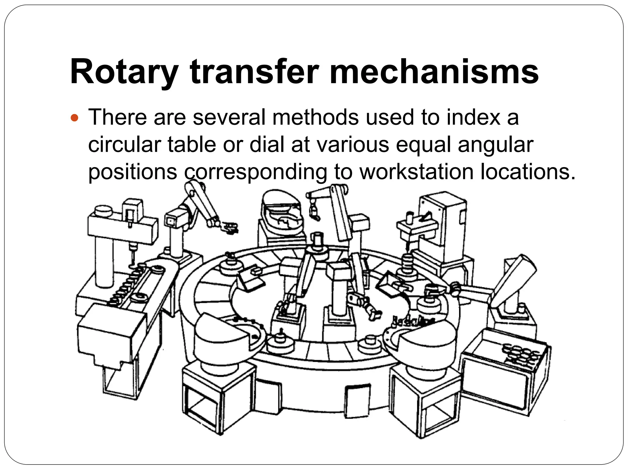 Rotary transfer mechanisms
 There are several methods used to index a
circular table or dial at various equal angular
positions corresponding to workstation locations.
 