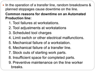  In the operation of a transfer line, random breakdowns &
planned stoppages cause downtime on the line.
Common reasons for downtime on an Automated
Production line:
1. Tool failures at workstations.
2. Tool adjustments at workstations
3. Scheduled tool charges
4. Limit switch or other electrical malfunctions.
5. Mechanical failure of a workstation.
6. Mechanical failure of a transfer line.
7. Stock outs of starting work parts.
8. Insufficient space for completed parts.
9. Preventive maintenance on the line worker
breaks.
 