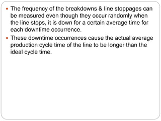  The frequency of the breakdowns & line stoppages can
be measured even though they occur randomly when
the line stops, it is down for a certain average time for
each downtime occurrence.
 These downtime occurrences cause the actual average
production cycle time of the line to be longer than the
ideal cycle time.
 