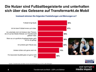 8
Die Nutzer sind Fußballbegeisterte und unterhalten
sich über das Gelesene auf Transfermarkt.de Mobil
Transfermarkt.de Mobil - USPs und Stärken
99%
97%
86%
85%
84%
72%
60%
Fußball bringt Spaß.
Ich bin beim Fußball immer up to date.
Ich unterhalte mich mit Anderen über Themen,
die ich auf der Mobile Website von Transfermarkt
gelesen habe.
Wenn es um sportliche Angelegenheiten geht,
bin ich oft gefragt.
Ich probiere gern Neues aus.
Andere richten sich gerne nach mir.
Für besondere Qualität gebe ich gerne mehr
aus.
Inwieweit stimmen Sie folgenden Feststellungen und Meinungen zu?
Quelle: Transfermarkt.de Mobil Online Nutzerbefragung Juli 2013 (283 Befragte)
 