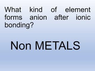 What kind of element
forms anion after ionic
bonding?
Non METALS
 