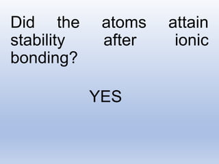 Did the atoms attain
stability after ionic
bonding?
YES
 