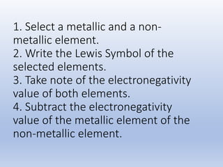 1. Select a metallic and a non-
metallic element.
2. Write the Lewis Symbol of the
selected elements.
3. Take note of the electronegativity
value of both elements.
4. Subtract the electronegativity
value of the metallic element of the
non-metallic element.
 