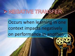  NEGATIVE TRANSFEROccurs when learning in one context impacts negatively on performance in another.