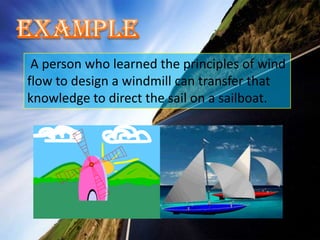 Example A person who learned the principles of wind flow to design a windmill can transfer that knowledge to direct the sail on a sailboat.