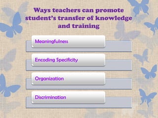 Ways teachers can promote
student’s transfer of knowledge
          and training

  Meaningfulness


  Encoding Specificity


  Organization


  Discrimination
 