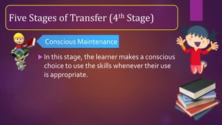  In this stage, the learner makes a conscious
choice to use the skills whenever their use
is appropriate.
Five Stages of Transfer (4th Stage)
Conscious Maintenance
 