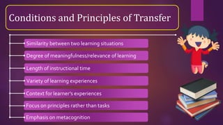 Conditions and Principles of Transfer
Similarity between two learning situations
Degree of meaningfulness/relevance of learning
Length of instructional time
Variety of learning experiences
Context for learner’s experiences
Focus on principles rather than tasks
Emphasis on metacognition
 