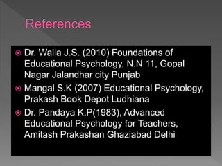  Dr. Walia J.S. (2010) Foundations of
Educational Psychology, N.N 11, Gopal
Nagar Jalandhar city Punjab
 Mangal S.K (2007) Educational Psychology,
Prakash Book Depot Ludhiana
 Dr. Pandaya K.P(1983), Advanced
Educational Psychology for Teachers,
Amitash Prakashan Ghaziabad Delhi
 