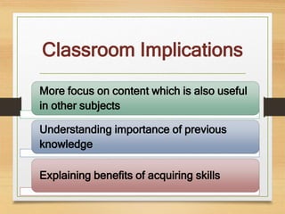 Classroom Implications
More focus on content which is also useful
in other subjects
Understanding importance of previous
knowledge
Explaining benefits of acquiring skills
 