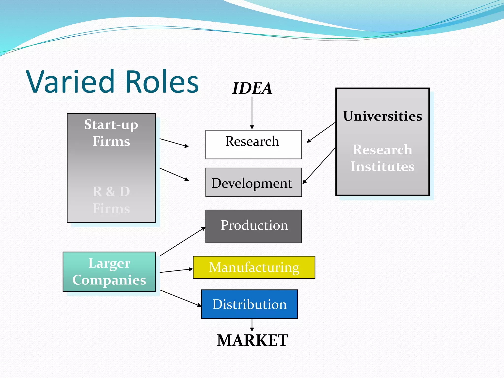 Varied Roles
Distribution
Research
Development
Production
IDEA
MARKET
Universities
Research
Institutes
Start-up
Firms
R & D
Firms
Larger
Companies
Manufacturing
 