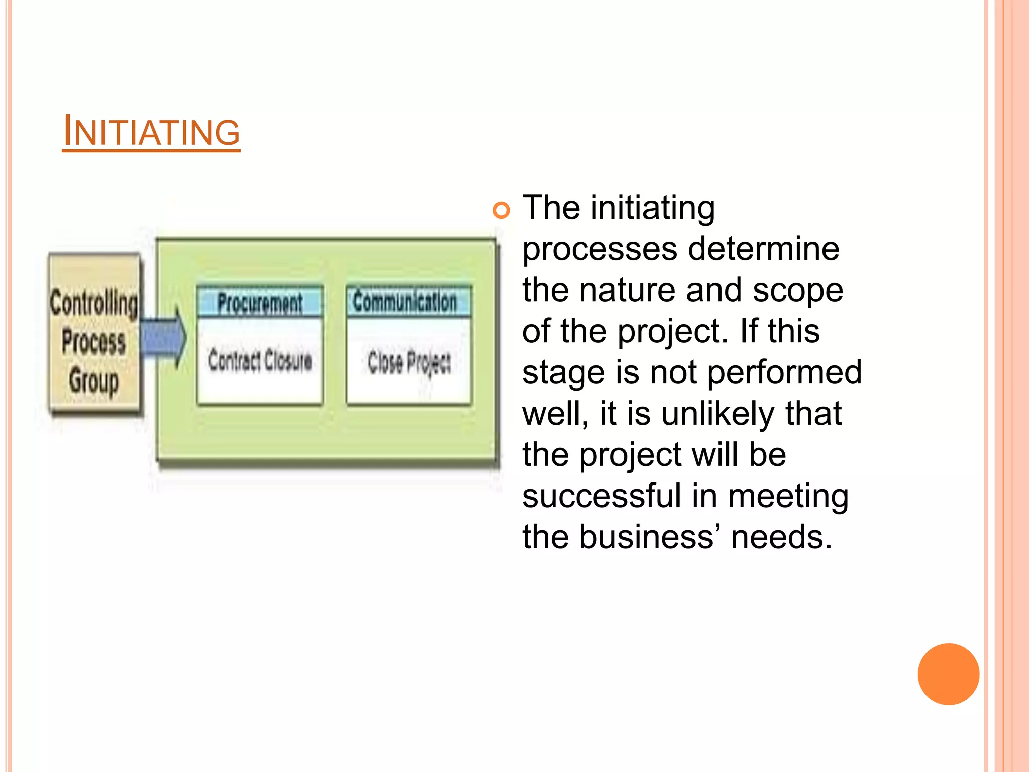 INITIATING
 The initiating
processes determine
the nature and scope
of the project. If this
stage is not performed
well, it is unlikely that
the project will be
successful in meeting
the business’ needs.
 