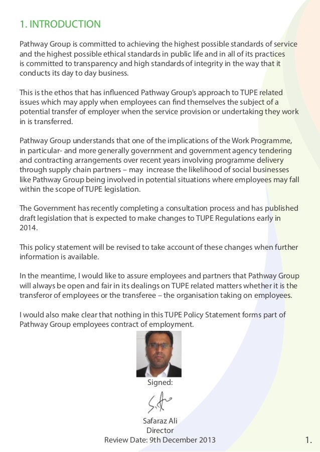 Transfer of Undertakings (Protection of Employment) (TUPE) Policy Sta…