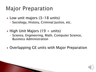  Low unit majors (3-18 units)
◦ Sociology, History, Criminal Justice, etc.
 High Unit Majors (19 + units)
◦ Science, Engineering, Math, Computer Science,
Business Administration
 Overlapping GE units with Major Preparation
 