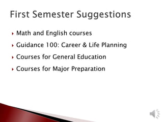  Math and English courses
 Guidance 100: Career & Life Planning
 Courses for General Education
 Courses for Major Preparation
 