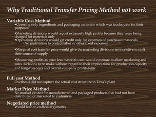Why Traditional Transfer Pricing Method not work
Variable Cost Method
Covering only ingredients and packaging materials which was inadequate for their
purposes
Marketing divisions would report extremely high profits because they were being
charged for materials only
Operations divisions would get credit only for expenses of purchased materials
•No motivation to control labor or other fixed expenses
Marginal cost transfer price would give the marketing divisions no incentive to shift
their source of supply
Measuring profits as price less materials cost would continue to allow marketing and
sales decisions to be make without regard to their implications for production capacity
and long-run costs and overall company profitability
Full cost Method
Overhead did not capture the actual cost structure in Teva’s plant
Market Price Method
No market existed for manufactured and packaged products that had not been
distributed or marketed to customers
Negotiated price method
Would lead to endless arguments
 